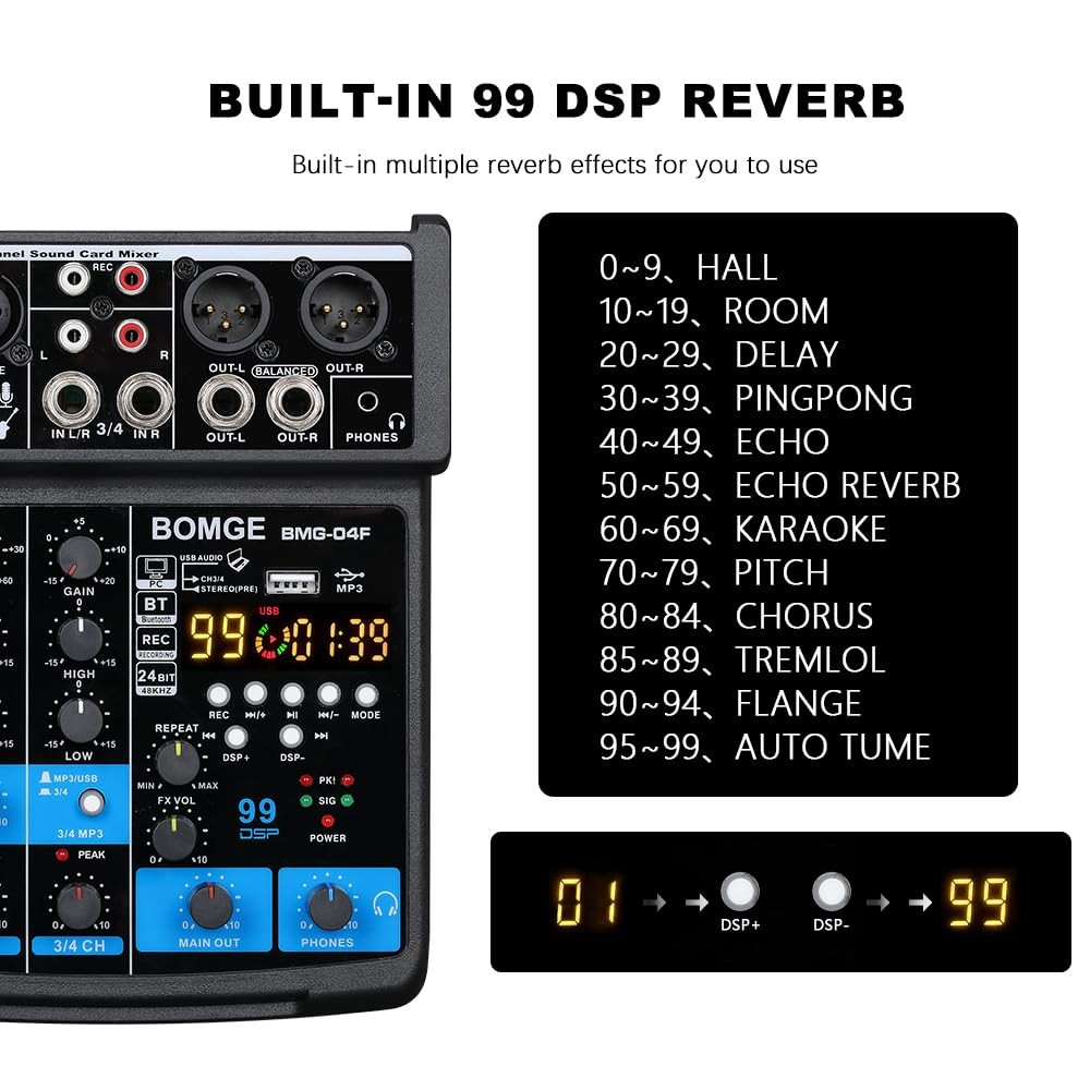 BOMGE 4 Channel mini DJ Audio Sound Mixer Interface with MP3 USB, Bluetooth, St