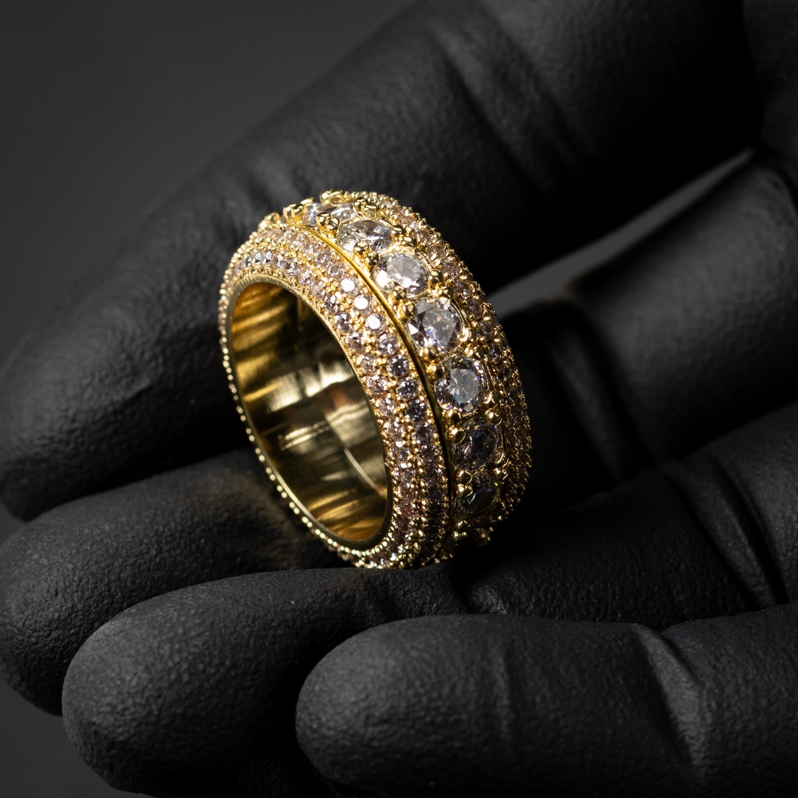 Gold Plated Iced Cz Pointer Hip Hop Elegant Men's 5 Layered Eternity Pinky Ring