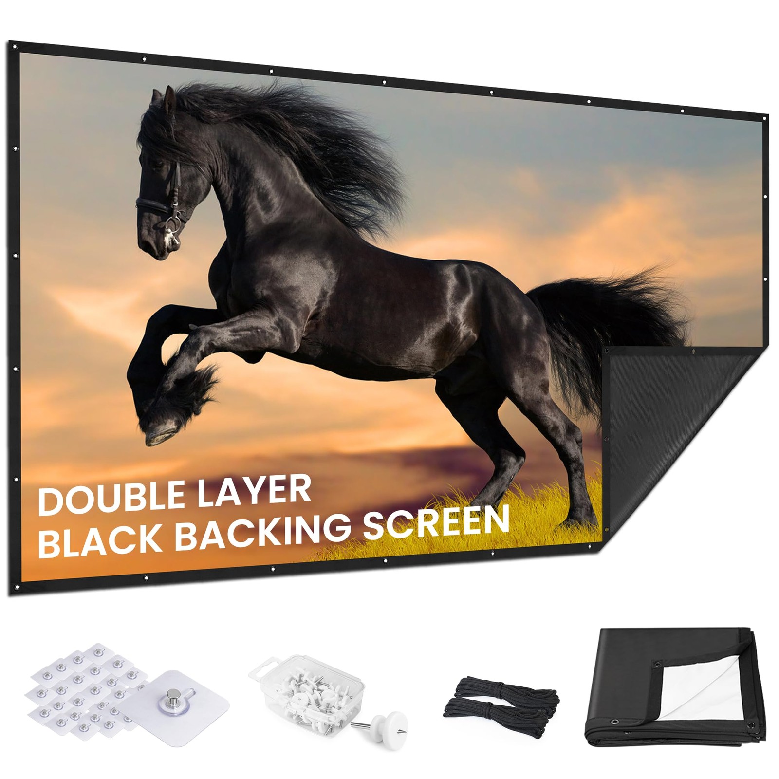 120 inch Projector Screen Upgraded- Black Backing, Straight Edges, Foldable, ...