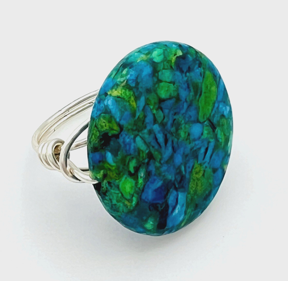 Handcrafted Silver Plated Wire Wrapped Mosaic Composite Stone Ring Size 8