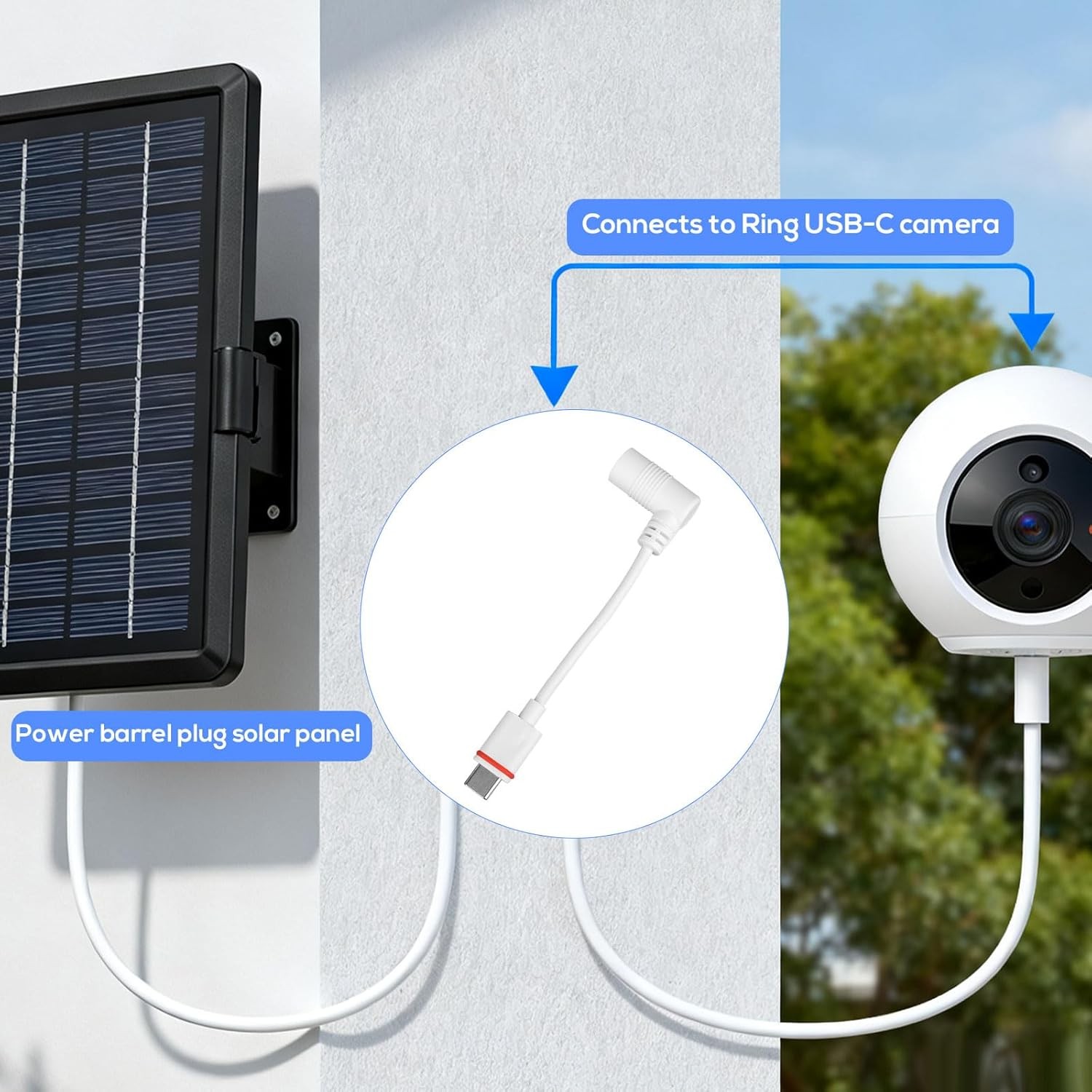 2pcs Barrel Plug to USB-C Power Adapter for Ring Solar Panel & USB-C Security Ca