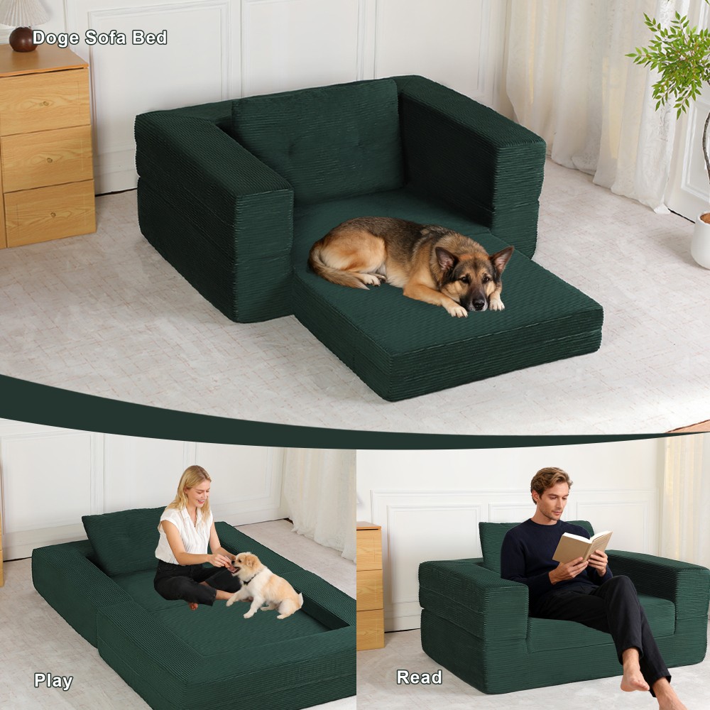 Corduroy Floor Sofa Bed w/ Pillow for Adults & Pets, Dark Green