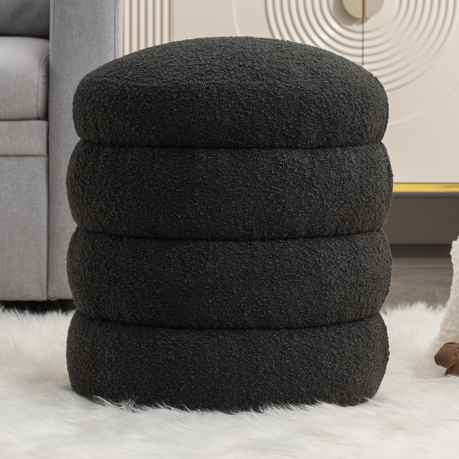 16.93" Boucle Footstool Stool Chair Seat Ottoman Footrest For Living Room Black