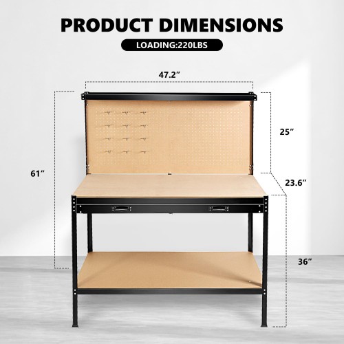 KA 63" Tools Cabinet Tool Storage Workshop Table with Drawers and Pegboard