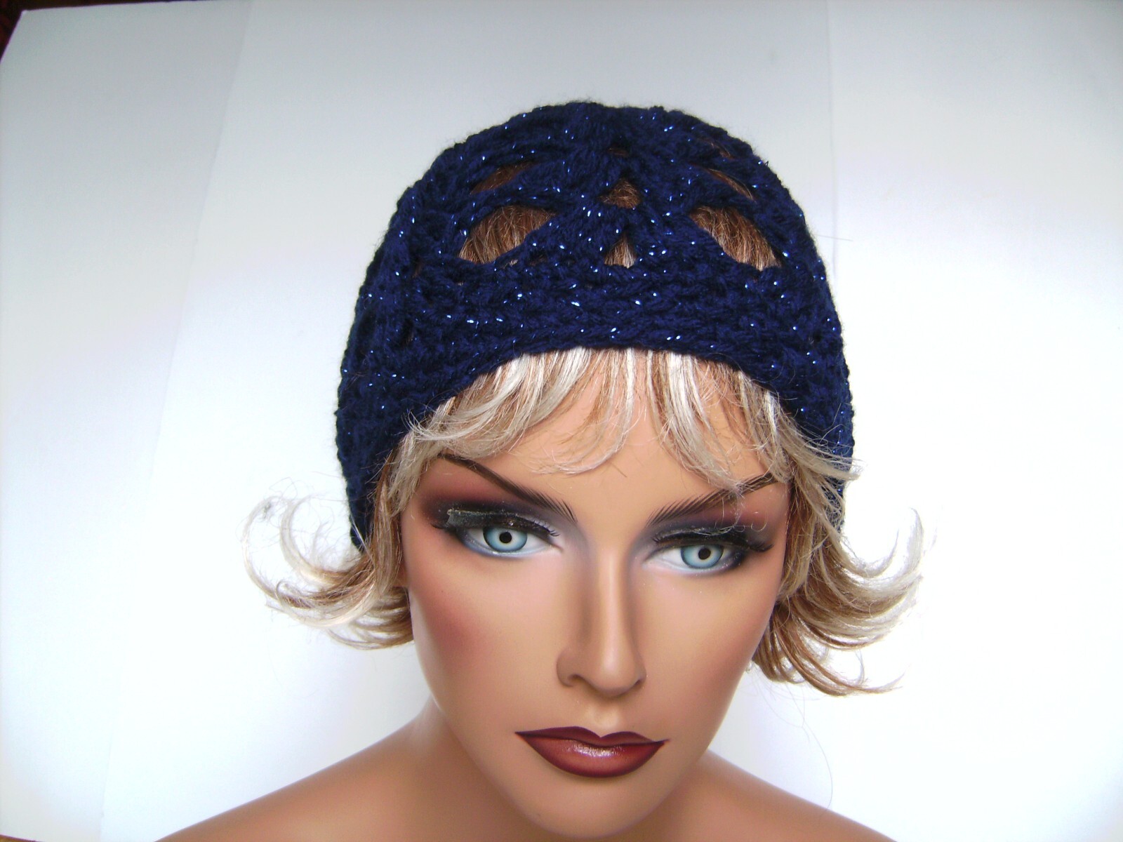 NEW NAVY SPARKLE OPEN WEAVE BEANIE HAT HAND MADE CROCHET BERET SKULL CAP