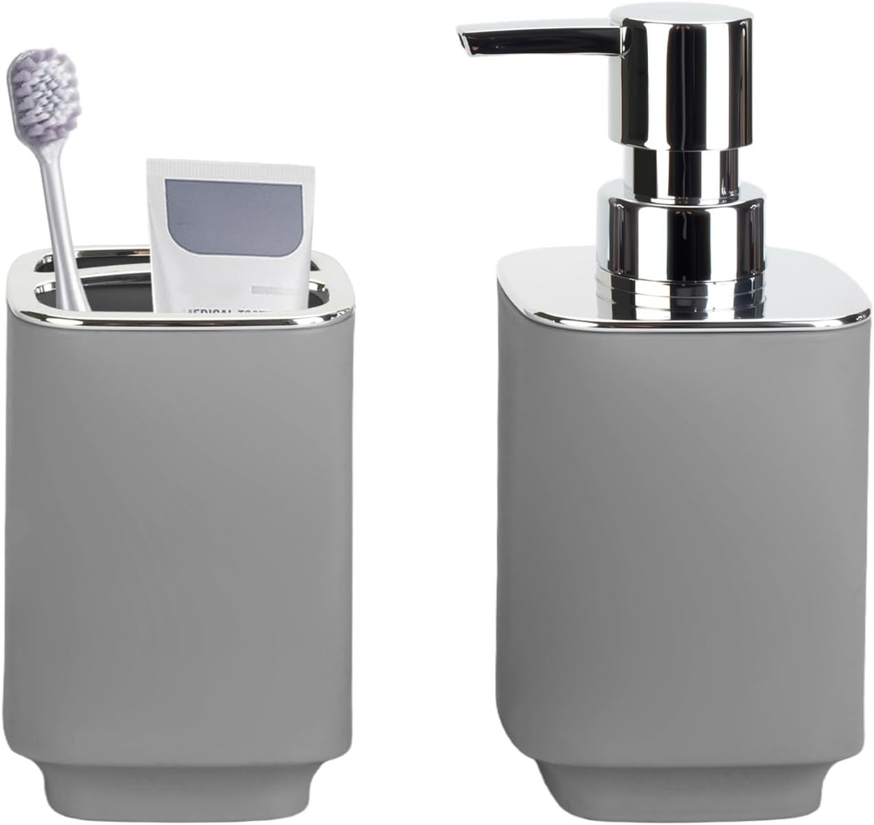 Grey Bathroom Accessories 2 Pcs, Soap Dispenser and Toothbrush Holder Set | Boho