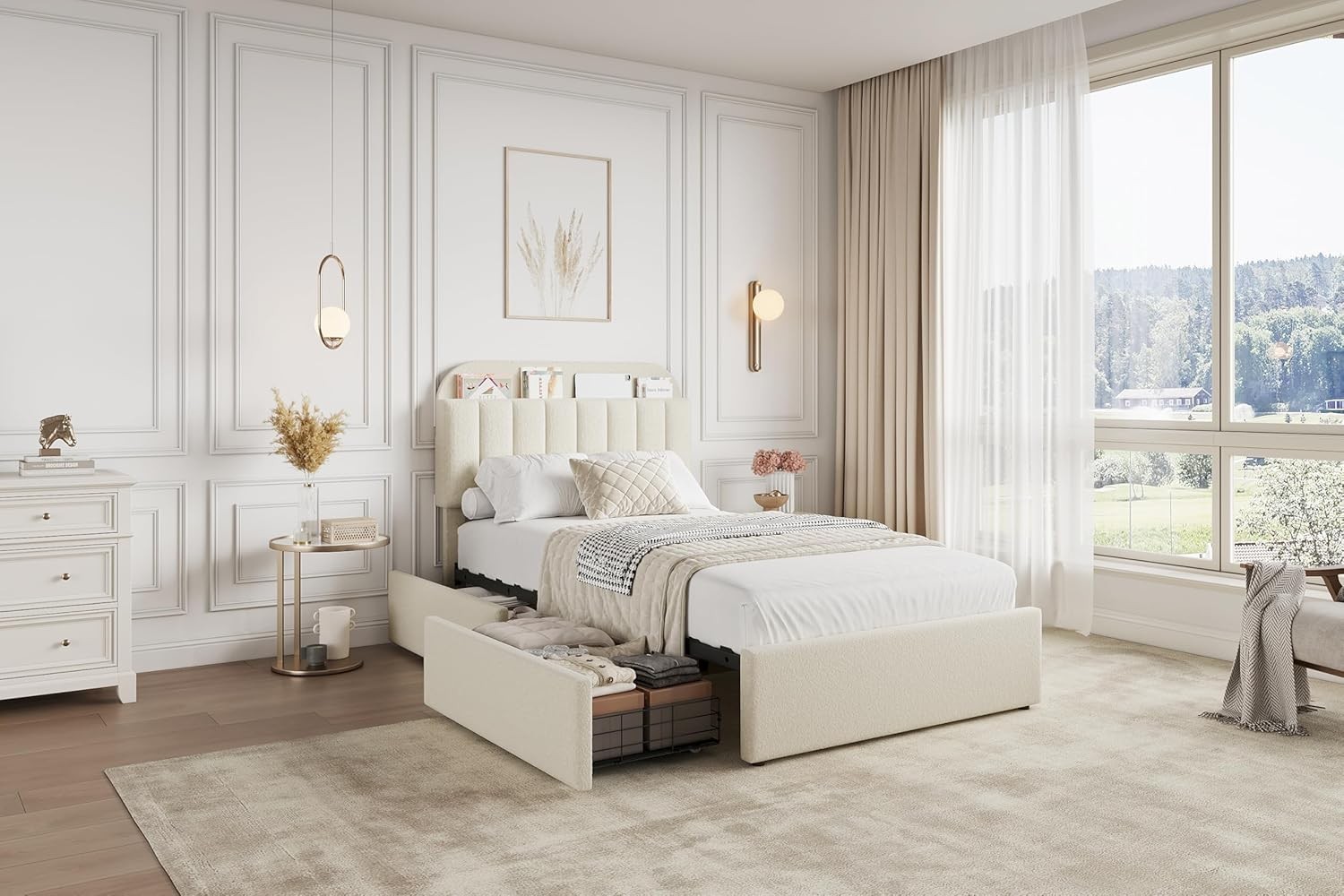 Beige Twin Size Bed Frame Upholstered Platform Bed with Headboard & 2 Drawers