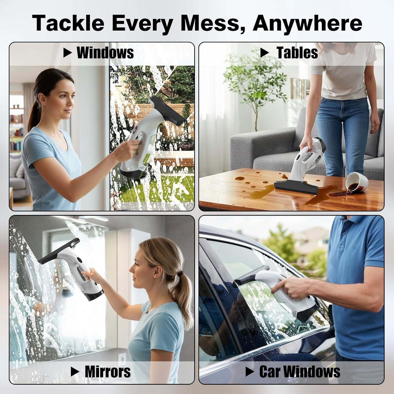 Window Vacuum Squeegee Cordless, 2000Pa Electric Window Cleaner Tool with Tank