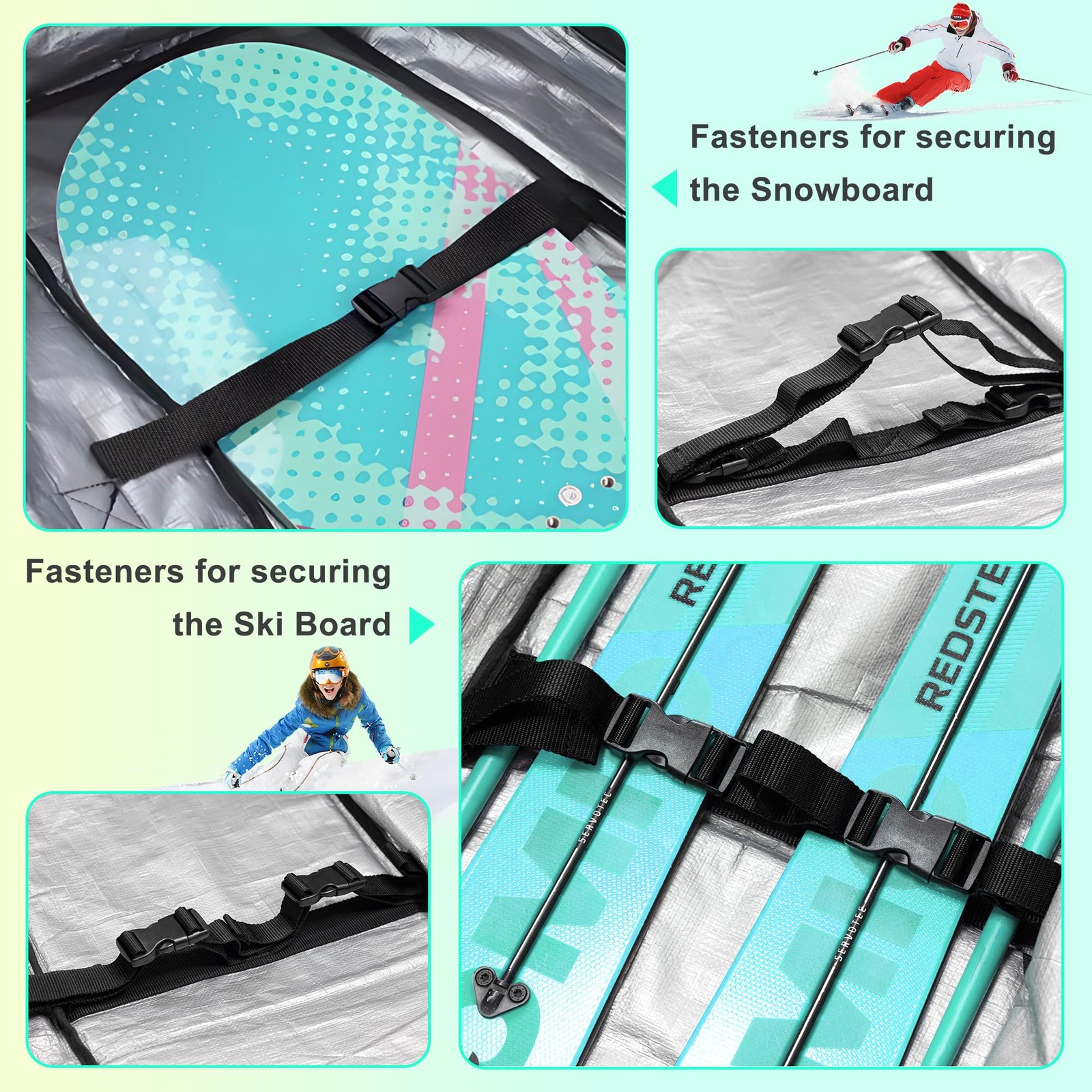 Double Rolling Ski Bag Padded Waterproof Snowboard with 175cm, Black