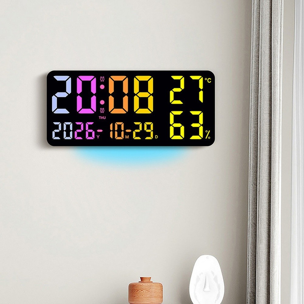 LED Wall Clock with RGB Light Effects Temperature Date Week Dual Alarm