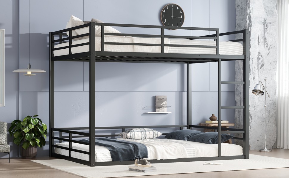 Metal Queen Over Queen Bunk Bed, Black, Space Saving, Noise Reduced