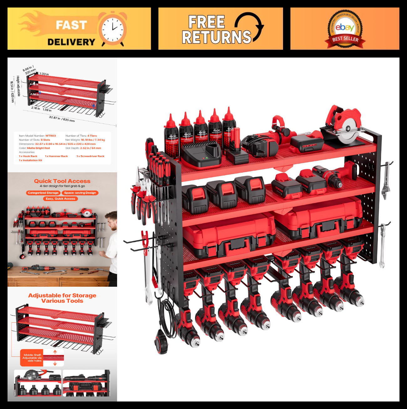 4-Layer Wall Mount Tool Organizer Rack with 8 Drill Holders & Side Pegboards - G