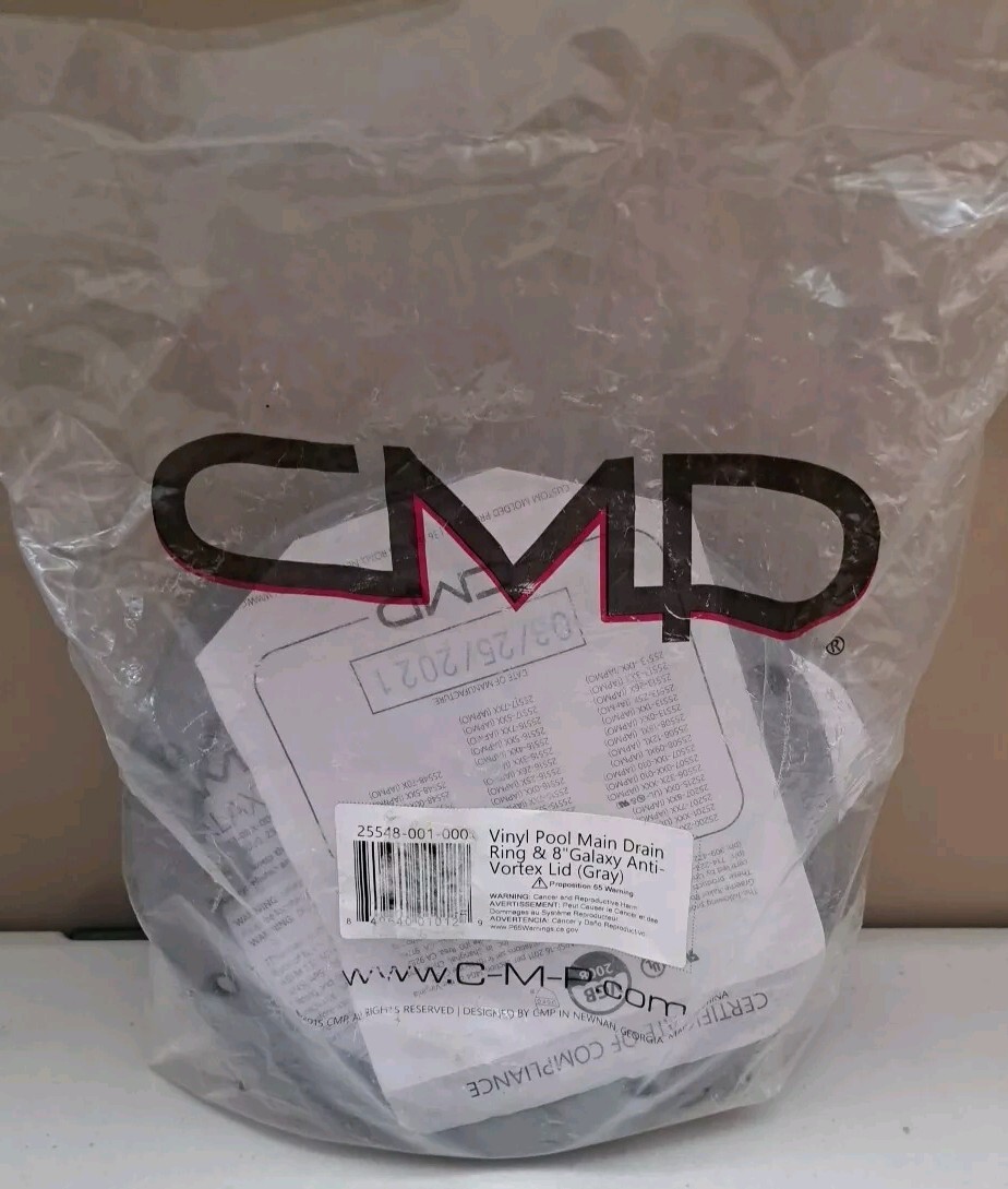 CMP # 255-001-000 Vinyl Pool Main Drain Ring & 8" Galaxy Anti-Vortex Lid Gray
