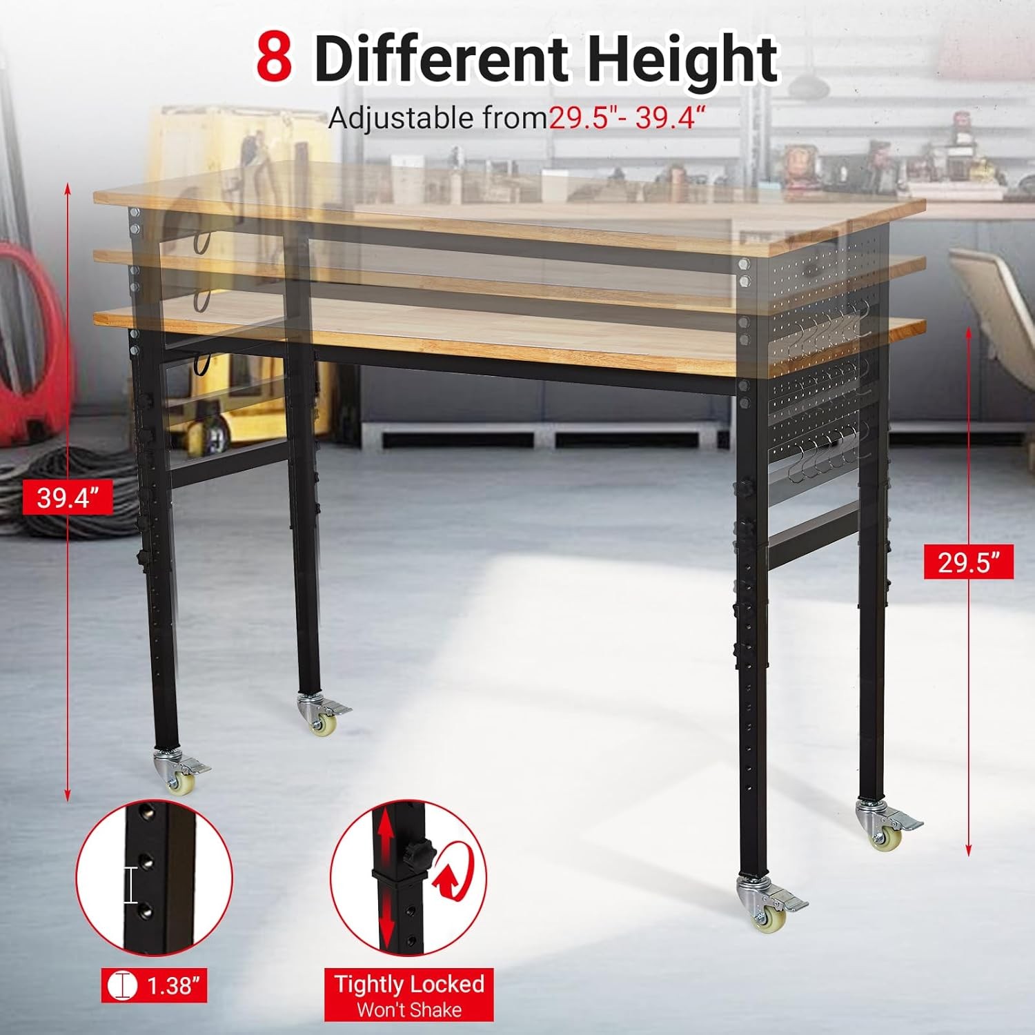 Height Adjustable Workbench with Wheels & Pegboard 48" x 24" Power Outlets Black