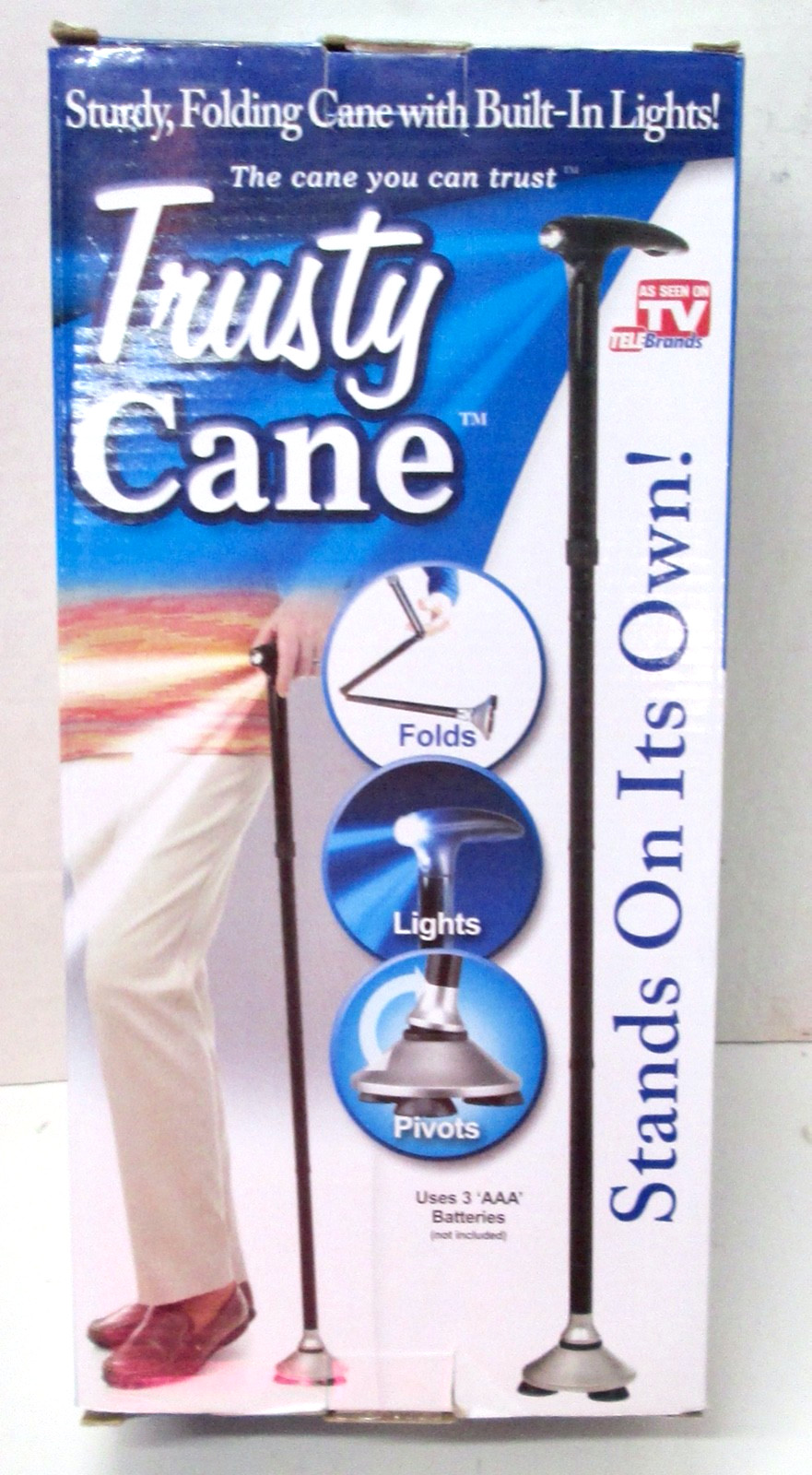 The REAL Trusty Cane, Black Sturdy Folding Cane With Built-in Light - New