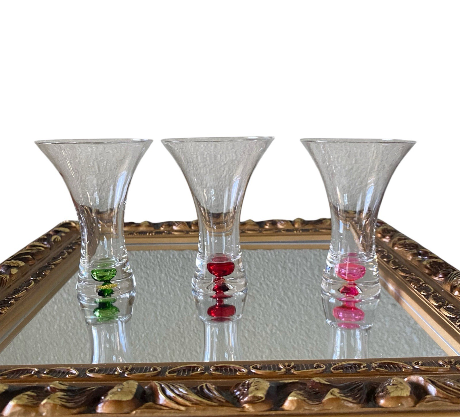 3 Vtg Hand Blown Multicolor Bubble Short Martini Double Shot Cocktail Glasses