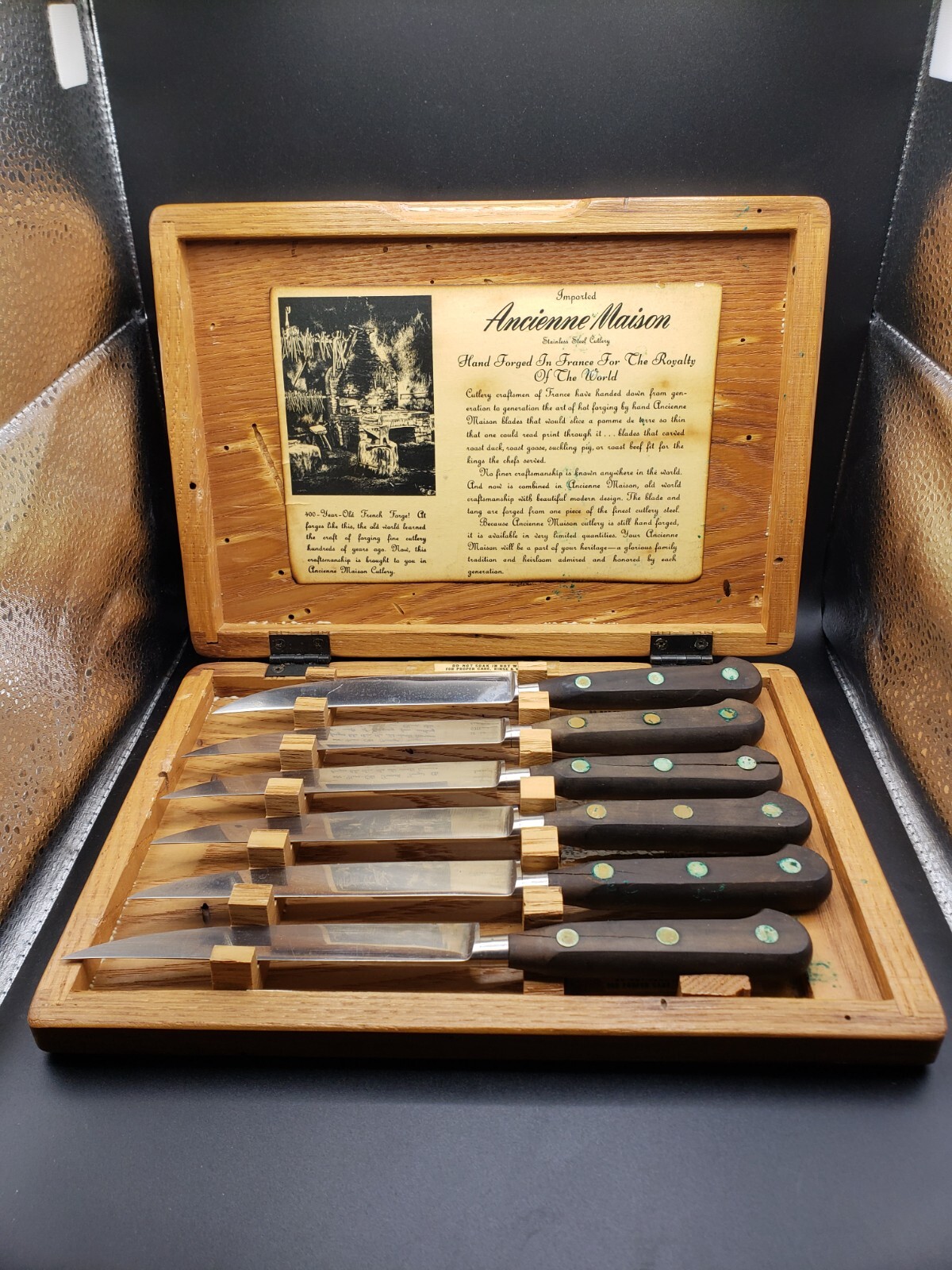 vintage Ekco Ancienne Maison stainless 6 piece knife set wood box G2725 France