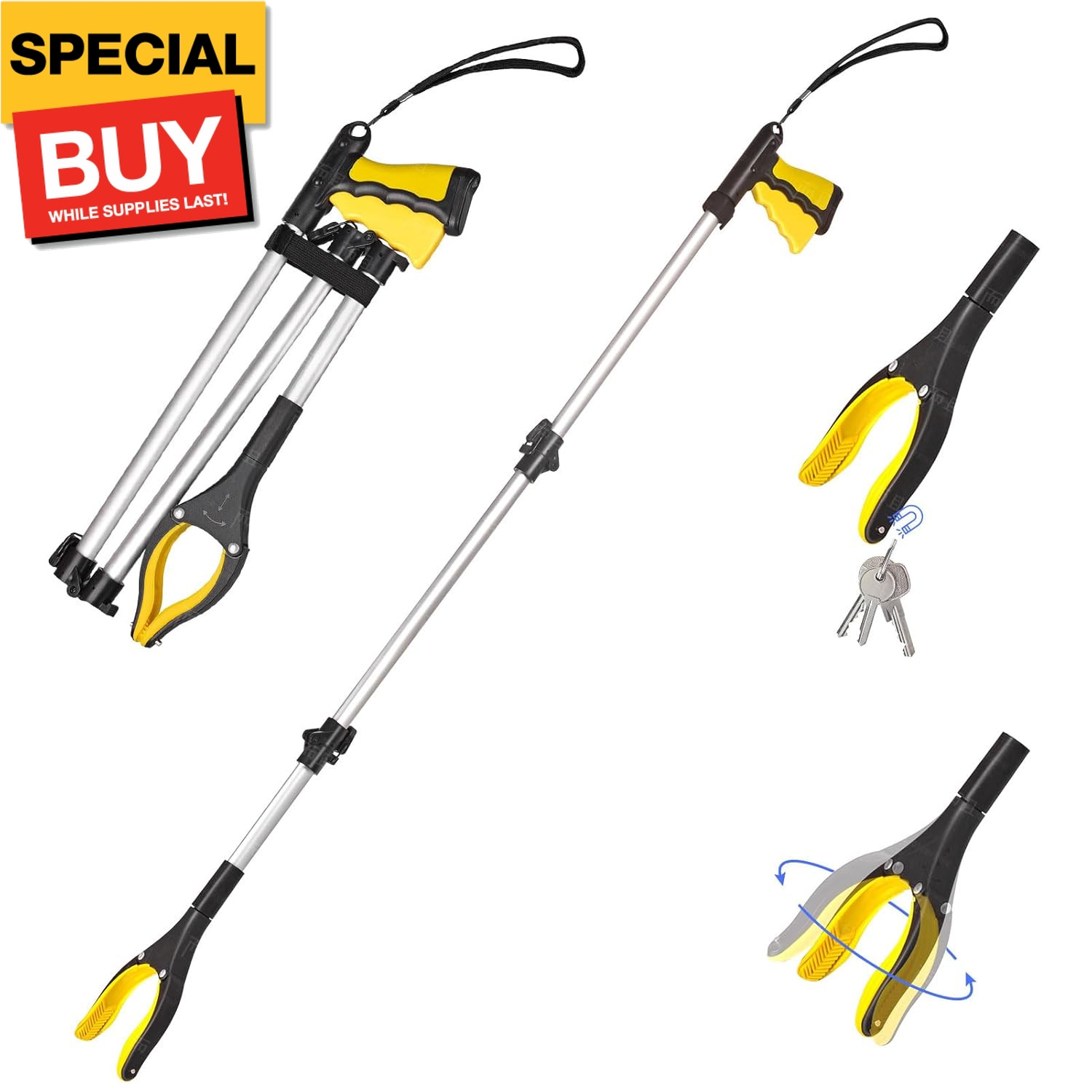 43" Extra Long Grabber Tool, It Reaching Tool with Rotating Jaw +Magnets, 4" Wid