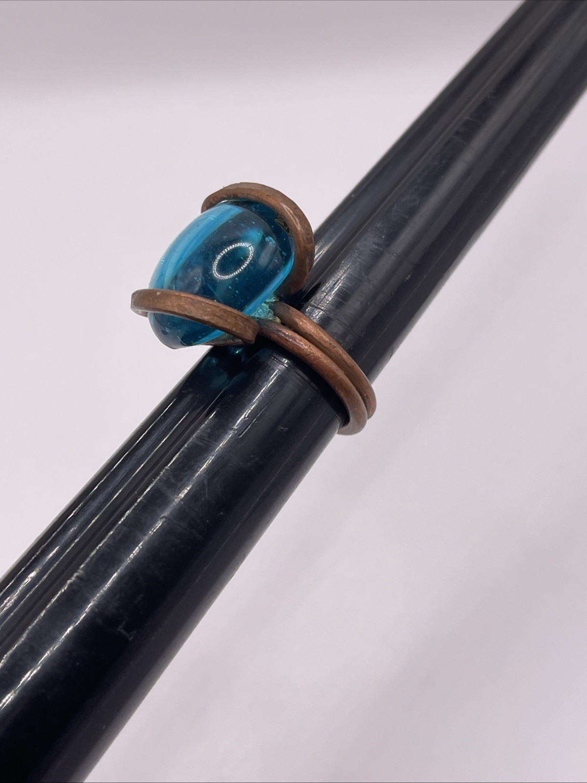 Handmade COPPER Wire Wrapped RING with Glass BLUE Stone Size: 6.5
