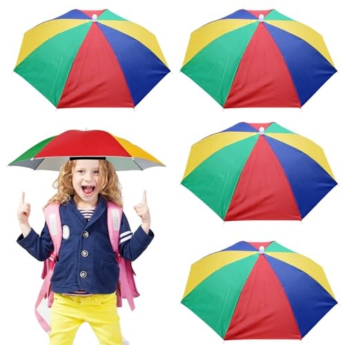 4 Pack Rainbow Umbrella Hats, 20.5in Hands-Free Kids' Head Umbrellas, Folding