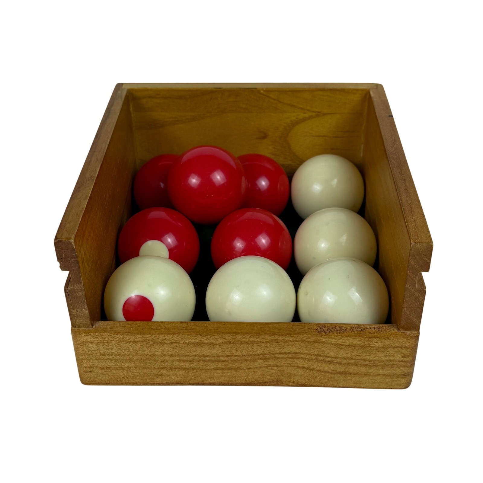 Vintage 10 pc Snooker Bumper Pool Billiard Ball Set with Wooden Box Red White