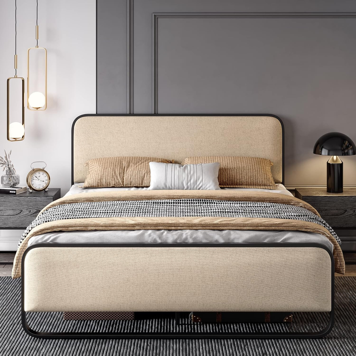 Modern Queen Size Metal Bed Frame with Upholstered Headboard & Storage, Beige