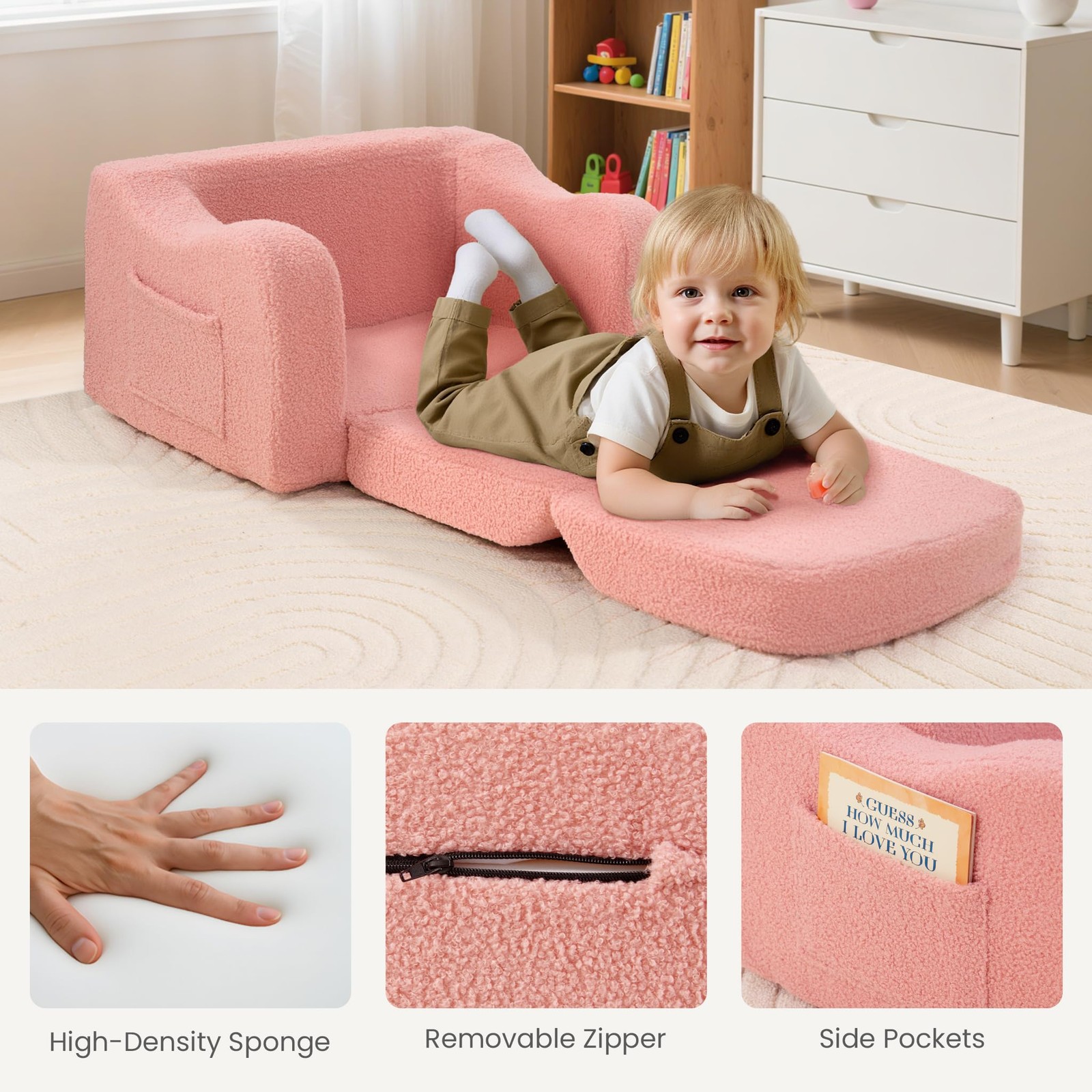 Comfy Toddler Chair & Kids, 2-in-1 Soft Couch Fold Out for Kids, Toddler Chairs