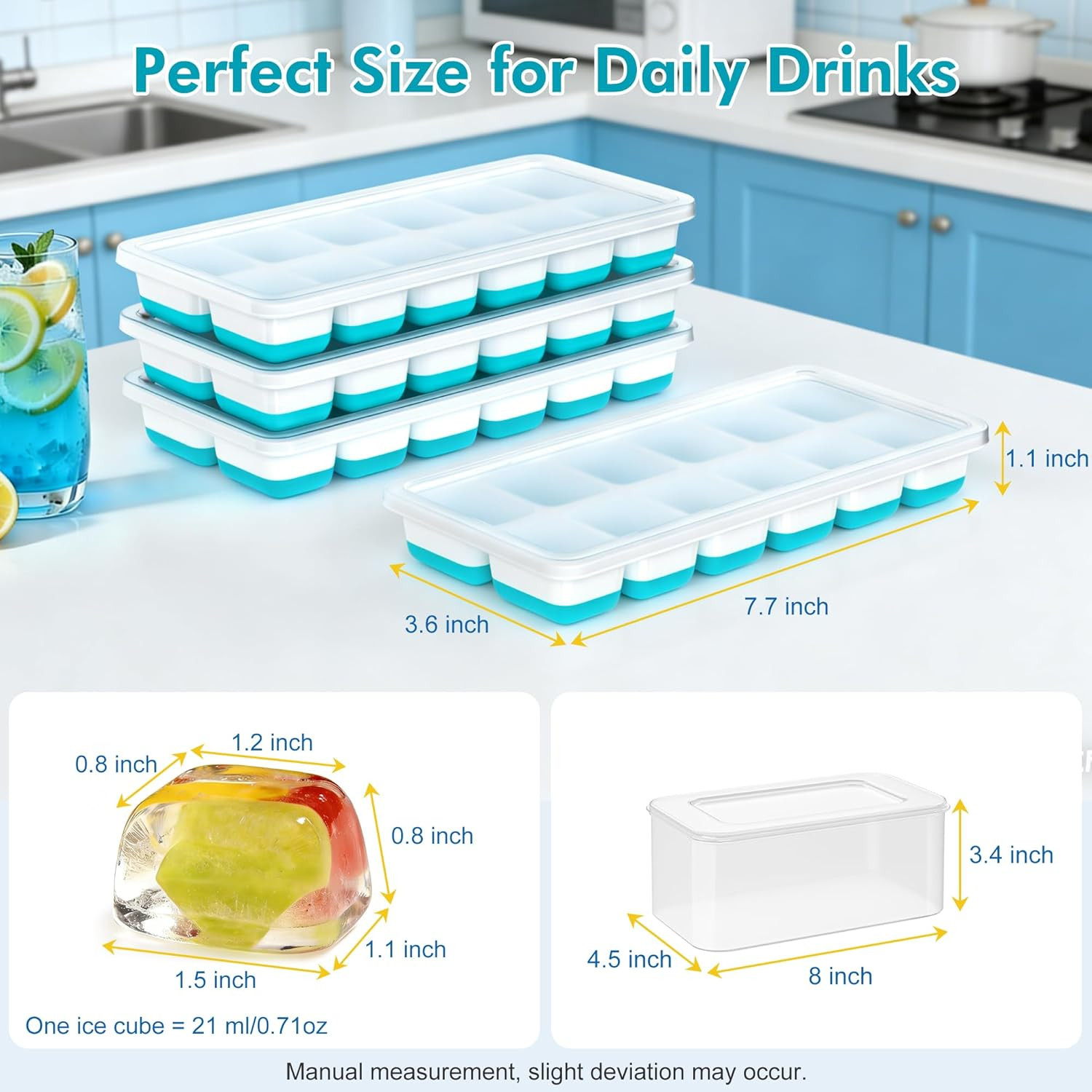 Ice Cube Tray with Lid & Bin - 4 Pack 48 Cubes Stackable Silicone FREE SHIPPING