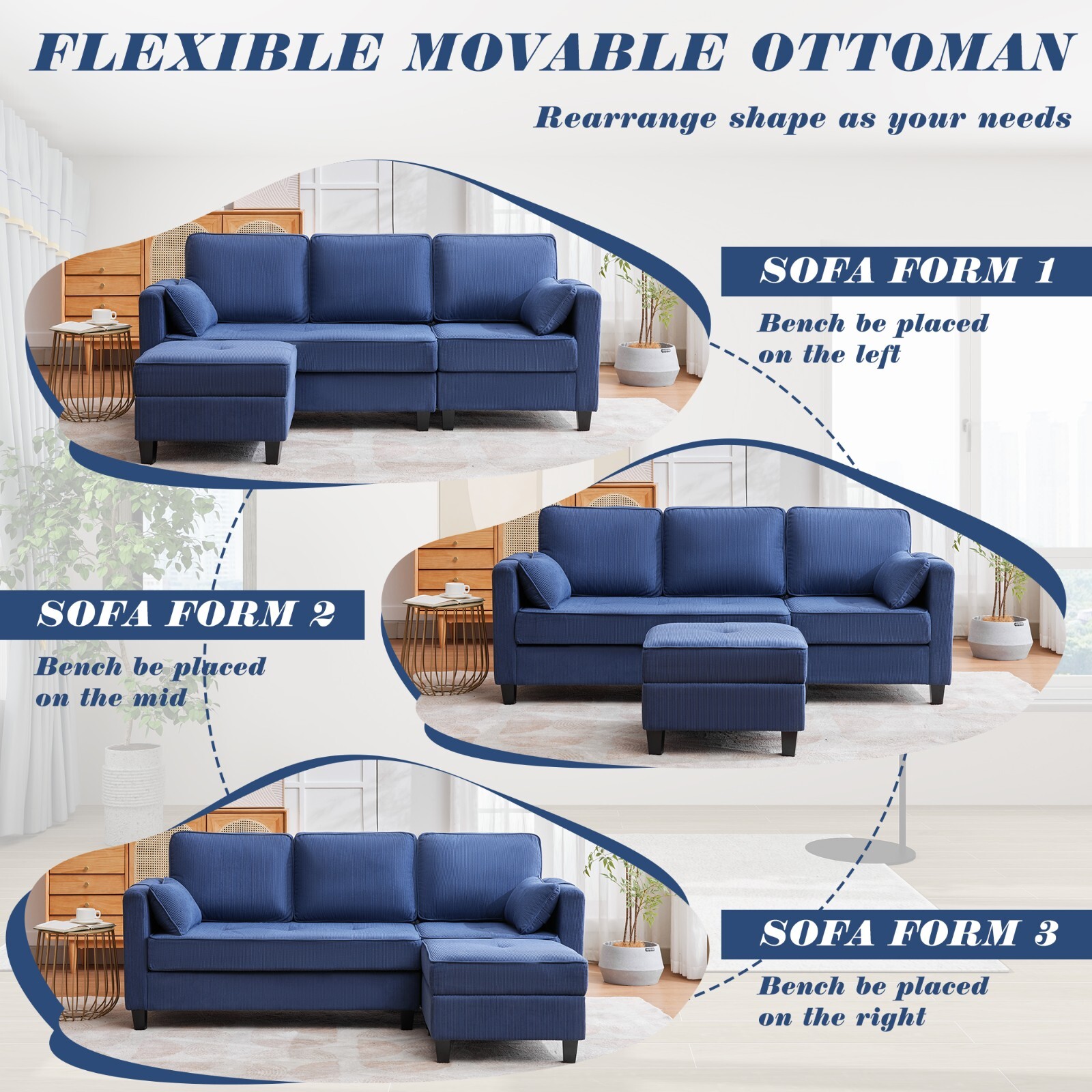 Convertible Sectional Couches W/Storage Chaise, USB Ports, Side Pockets