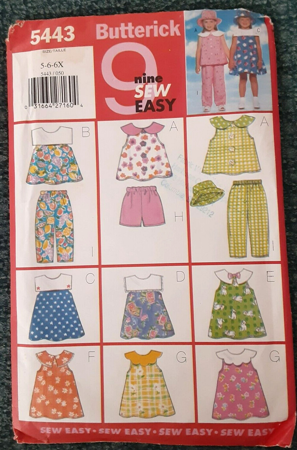 Butterick Sewing Project Pattern 5443 Child Dress Shorts Pants & Hat UNCUT (H)