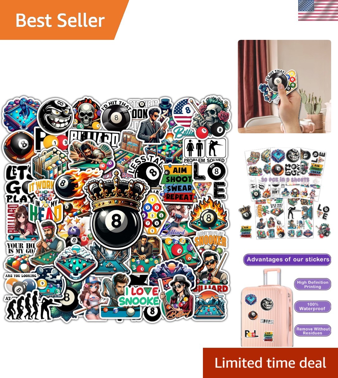Durable 50 PCS Cartoon Billiard Ball Stickers for Personalizing Water Bottles