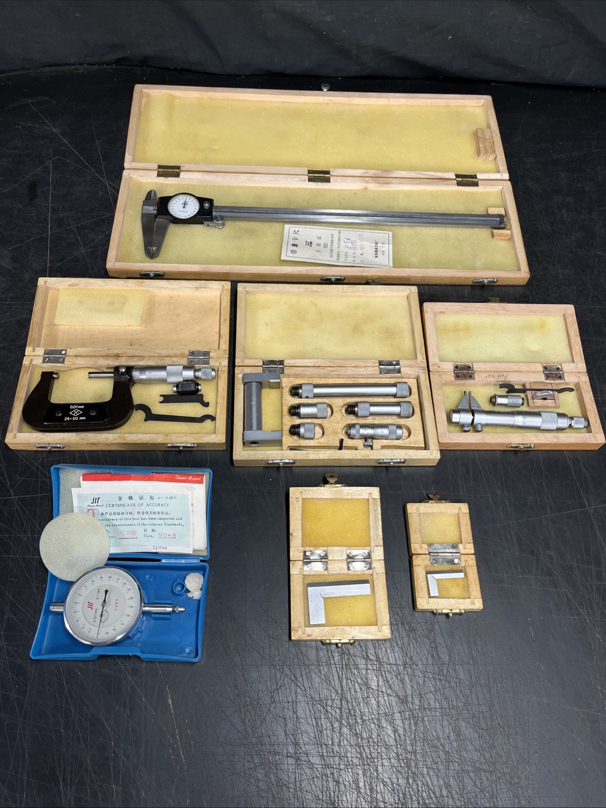 Vintage Inside & Outside Micrometers, Caliper, Dial Indicator, Mini Squares 🟡