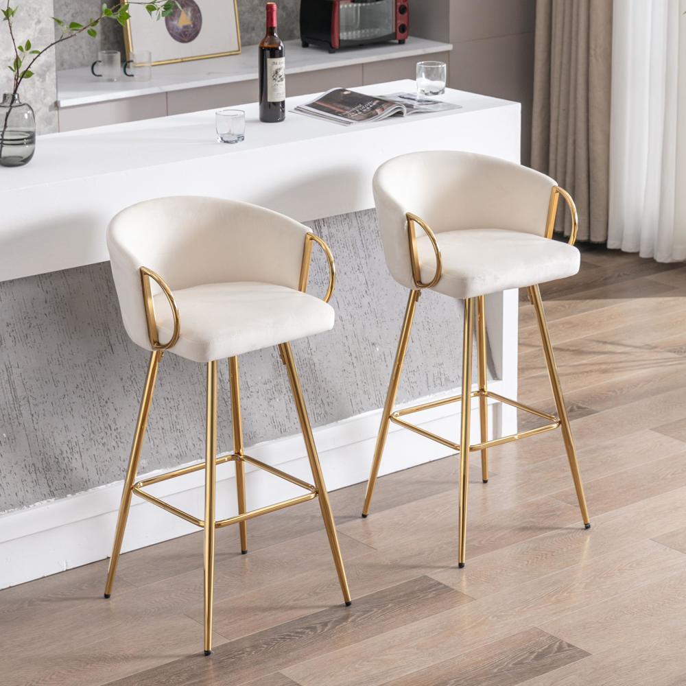 Sturdy and Durable Set of 2 Bar Stools with Chrome Footrest and Base Velvet