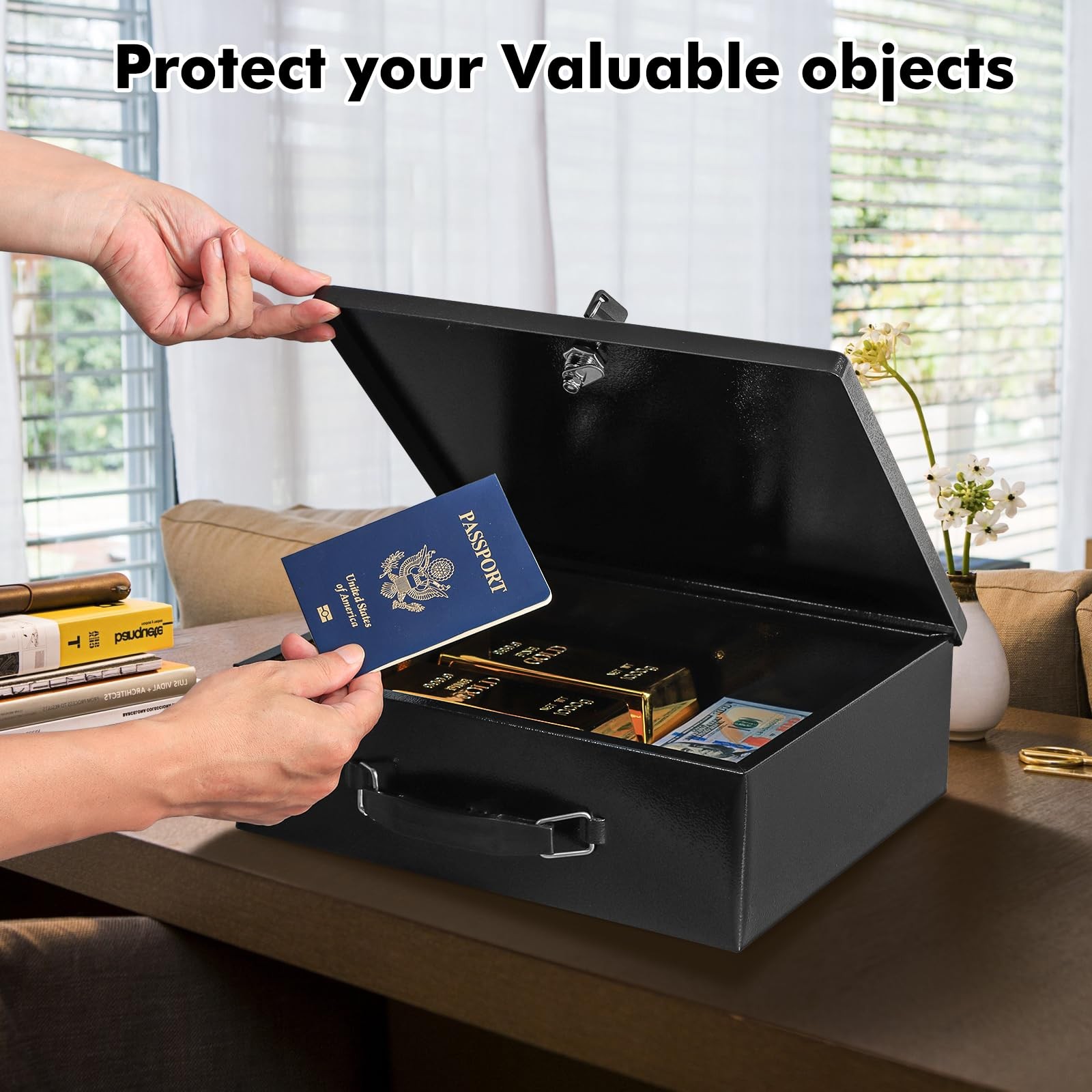 KYODOLED Fireproof Document Box with Key Lock, Small Lock Boxes Medium, Black
