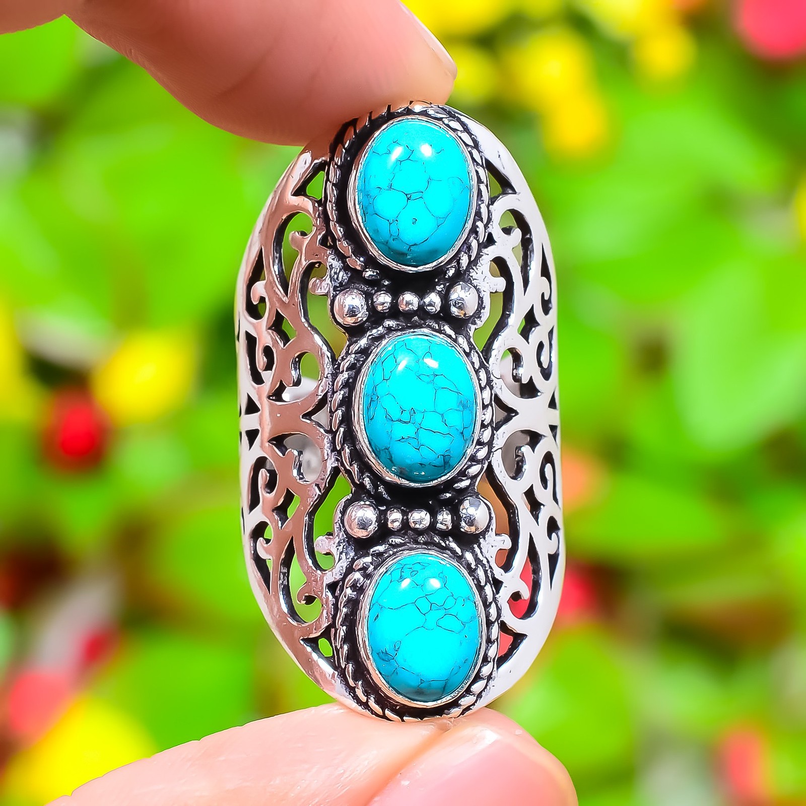 Natural Santa Rosa Turquoise Gemstone 925 Sterling Silver Ring Size 8 Gift M468