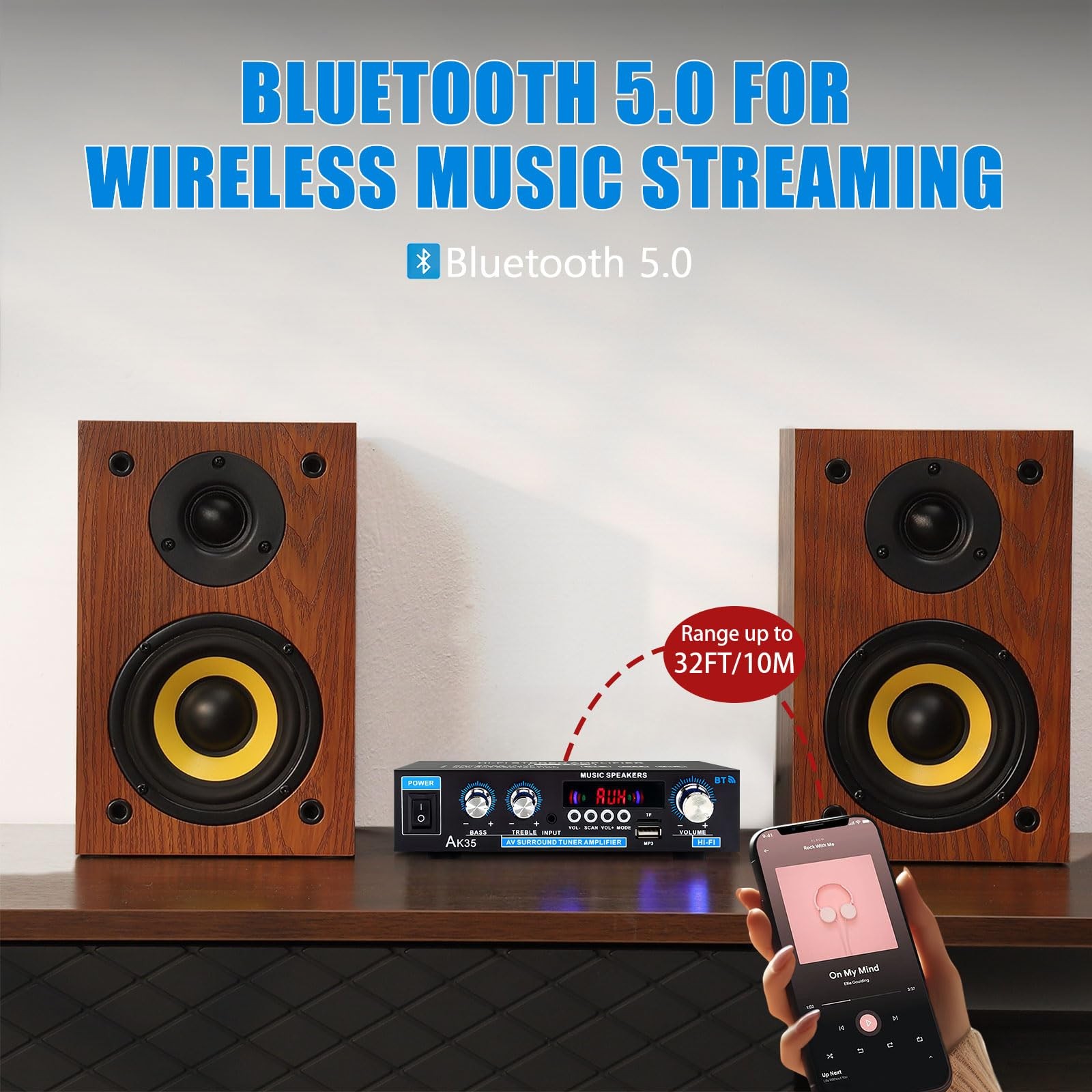AK35 200W Stereo Audio Amplifier Bluetooth 5.0, 2.0 Channel Mini Amplifier St...
