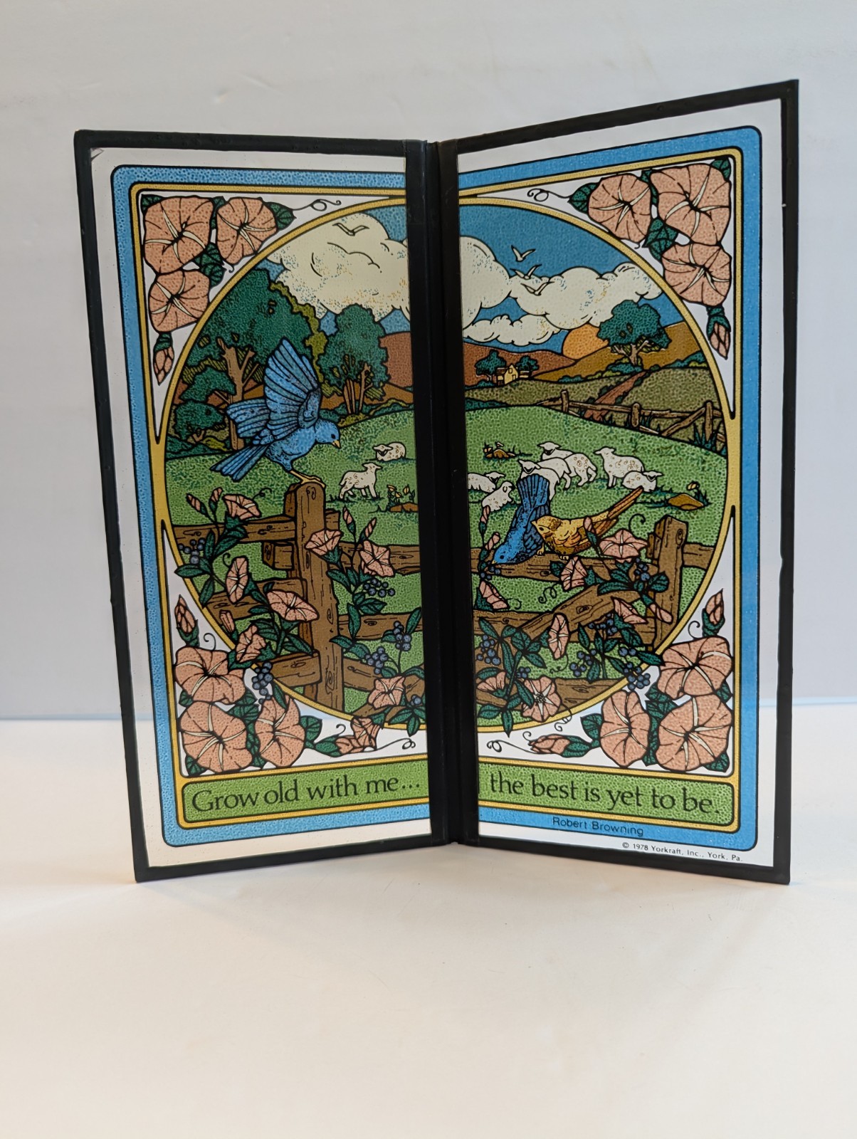VTG 1978 Yorkraft Seriglass Two-Panel Folding Suncatcher Robert Browning Quote