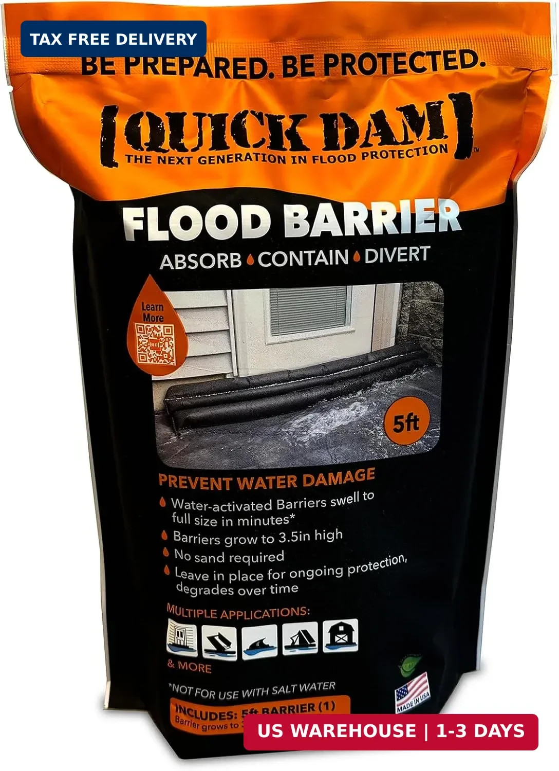 Quick Dam QD65-1 Water-Activated Flood Barrier-5 Feet-1/Pack, 5-ft, Black