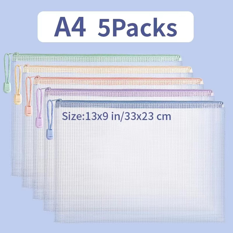 Zipper Mesh Bags A4/A5 Plastic Zipper Bags for Organizing Waterproof Clear Trave