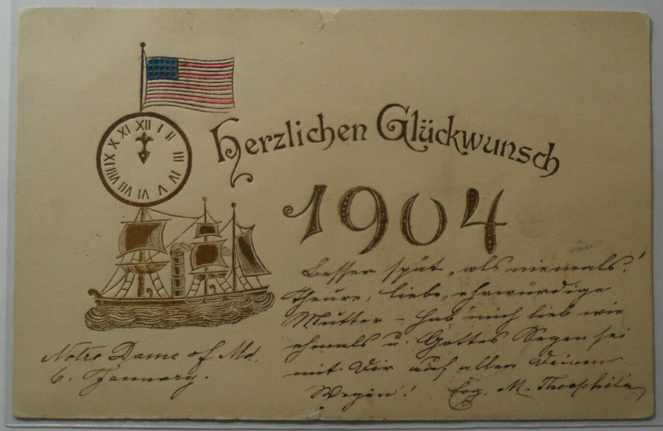 STAMPMART : HERZLICHEN GLUCKWUNSCH 1904 NAVAL POSTCARD USED TO BALTIMORE MD USA