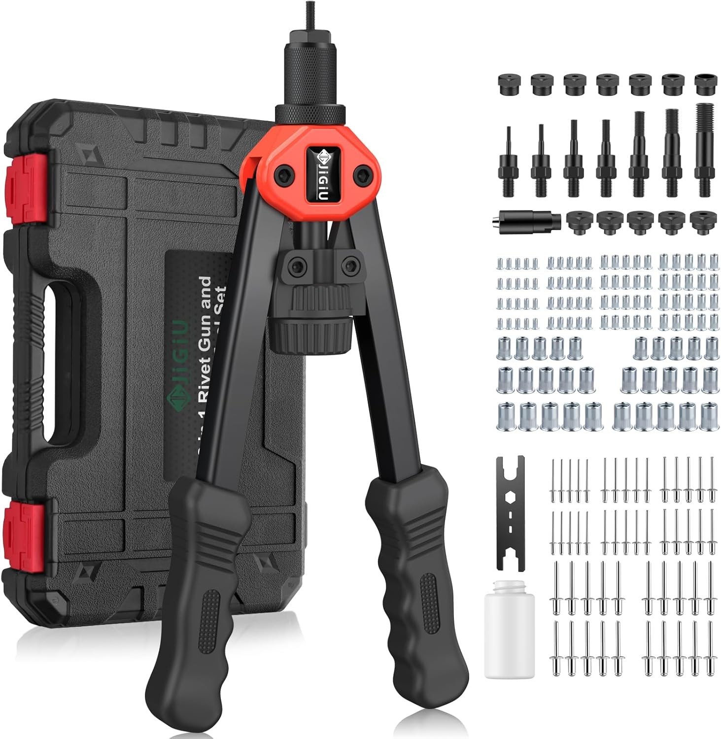 JiGiU 2 in 1 Rivet Nut Tool and Rivet Gun Rivet Nut Gun Tool Kit Black - Red
