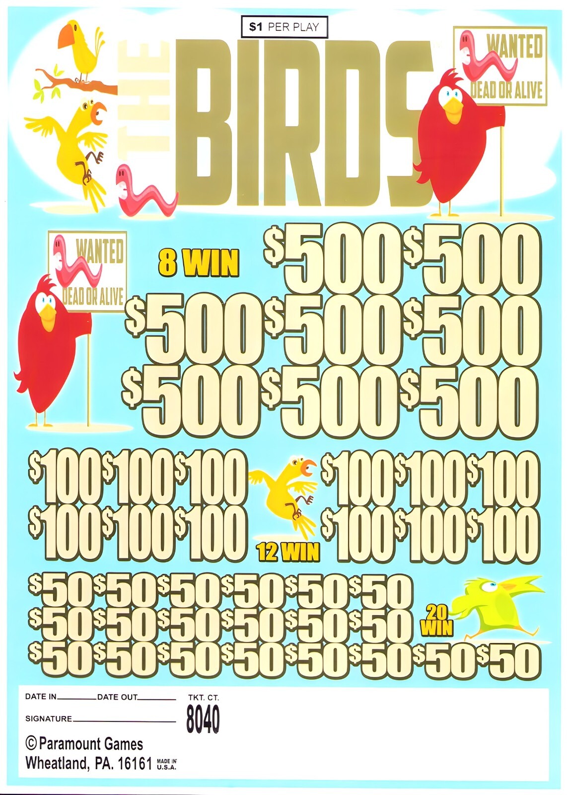 Pull Tab Tickets - Jar Tickets - Game - The Birds