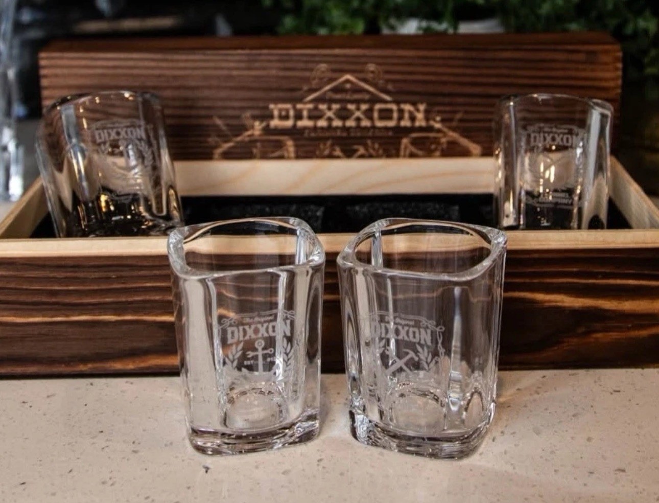 Dixxon Flannel Co SQUARE SHOT GLASS SET of 4 NIB SOLD OUT