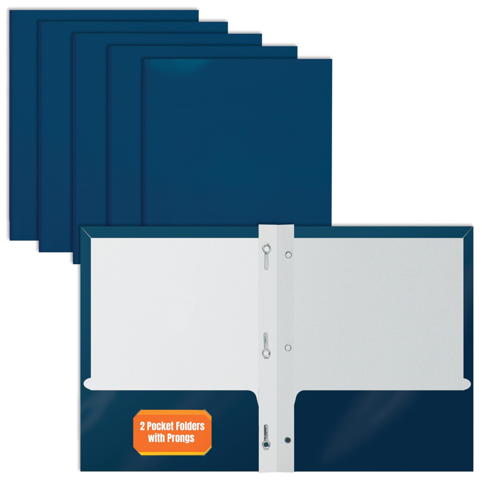 Better Office Products 2 Pocket Glossy Navy Blue Paper Folders with Prongs, Lett