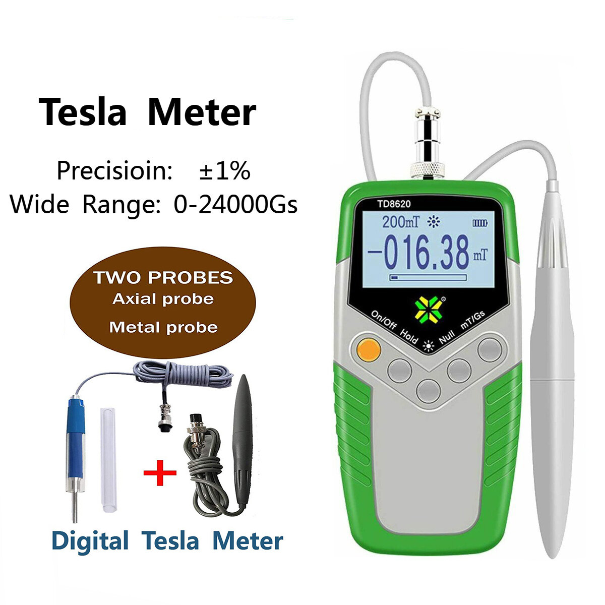 Digital Gauss Meter Tesla Flux Meter Magnetic Field Tester 1% Axial/Hall Probe