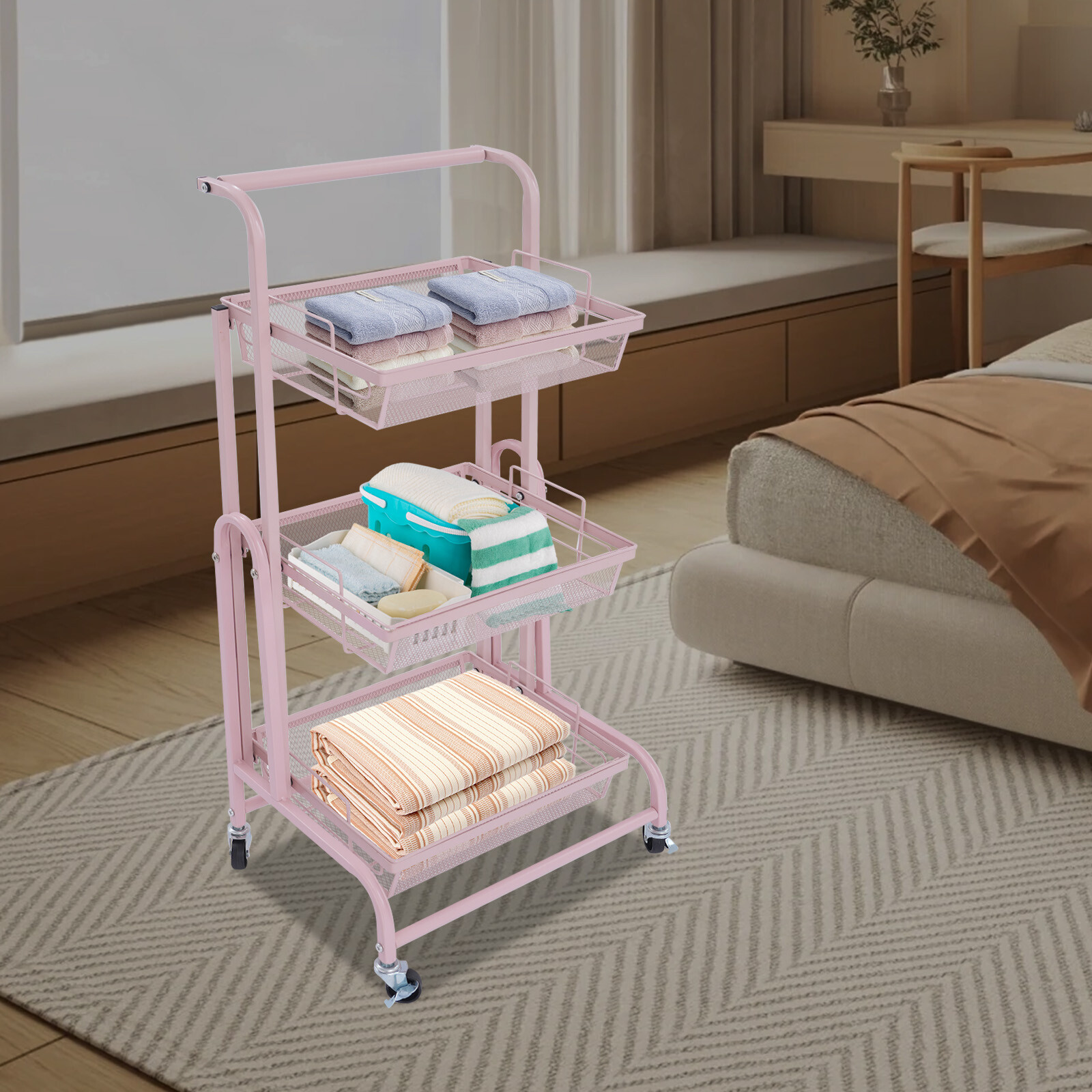 3-Tier Adjustable Metal Rolling Utility Cart, Movable Storage Cart for Kitchen