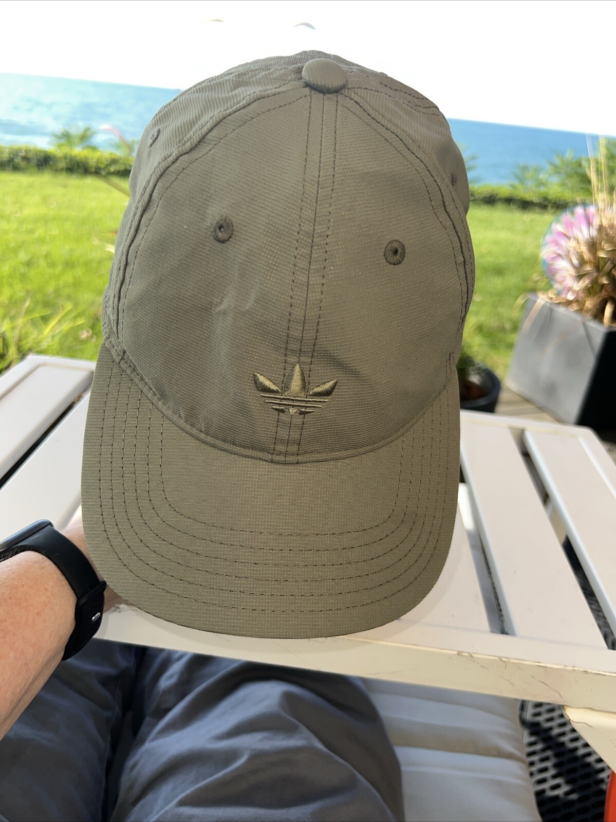 Adidas Logo on Front of Light Olive Lite Wt Hat Cap Polyester Hook Loop EUC