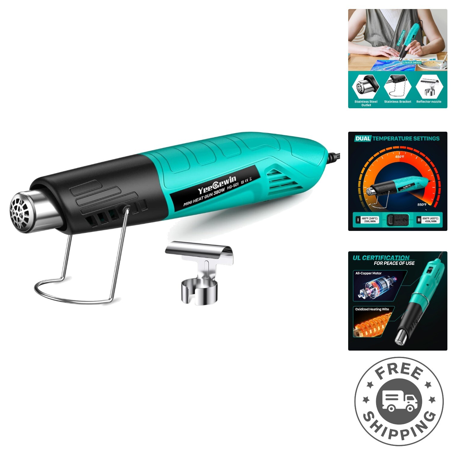 Heat Gun, 380W Fast Heat Mini Hot Air Gun with 2-Temp Settings 480°F-850°F249...