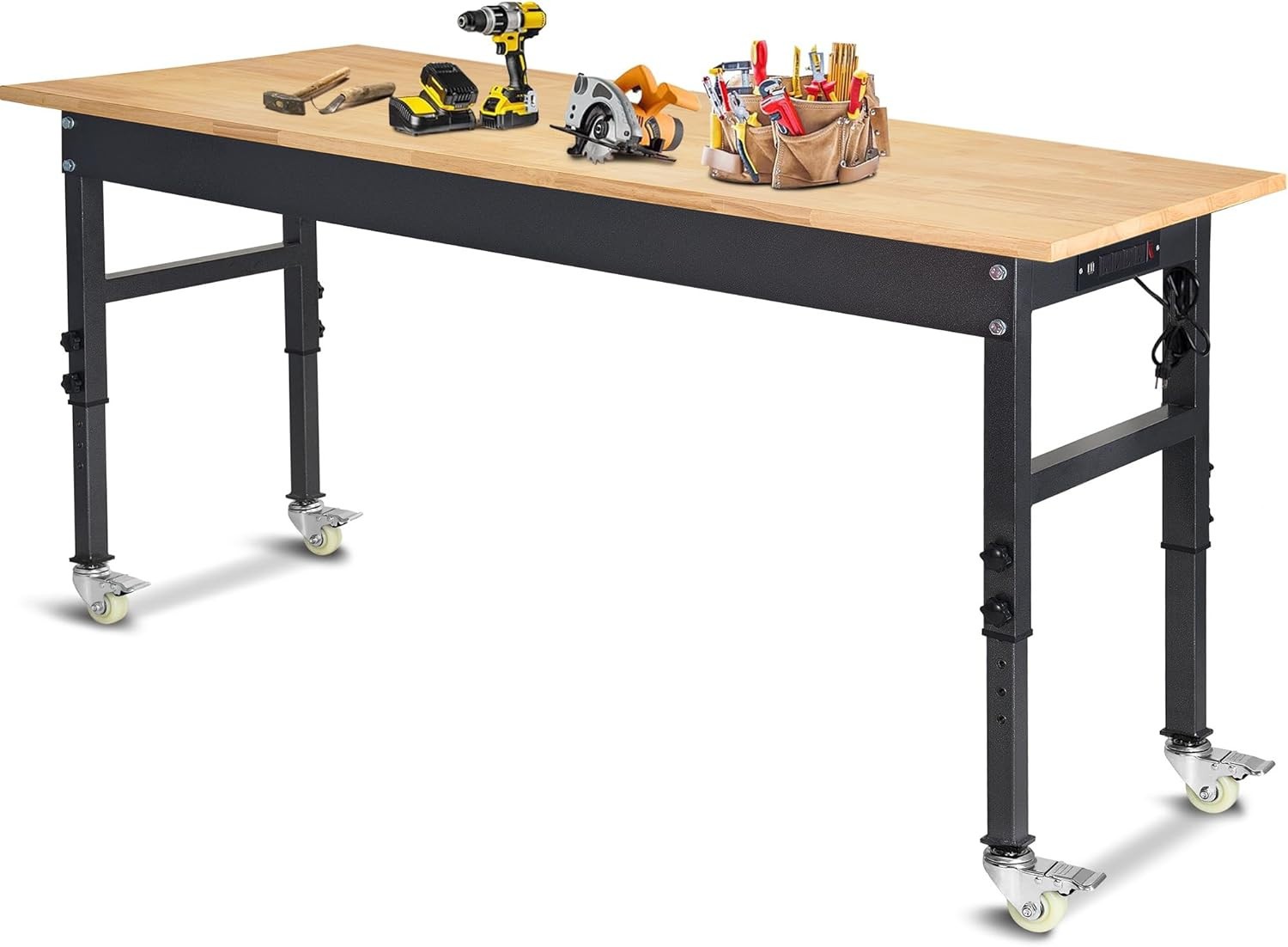 60" Adjustable Work Bench, Rubber Wood Top Workbench | Heavy-Duty Work Table wit