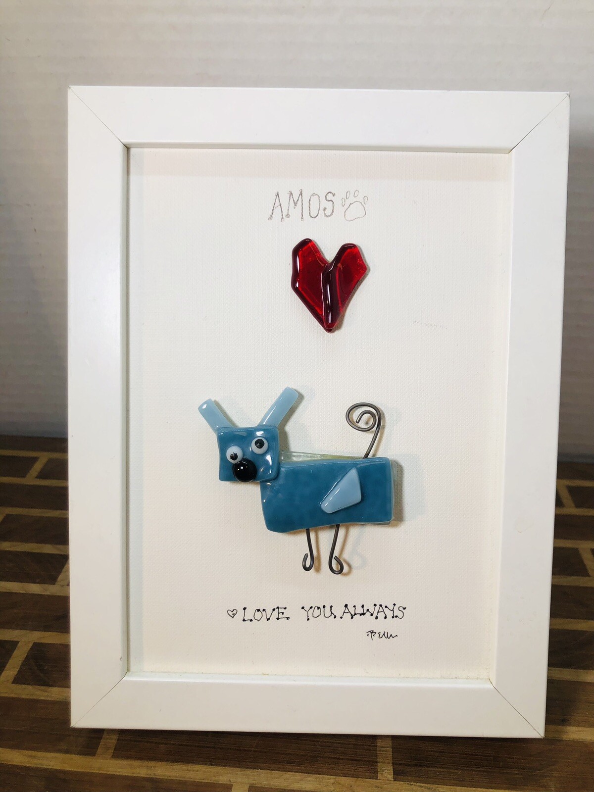 Hand Crafted Fused Art Glass 6X8” Framed Blue Dog Amos Love You Always